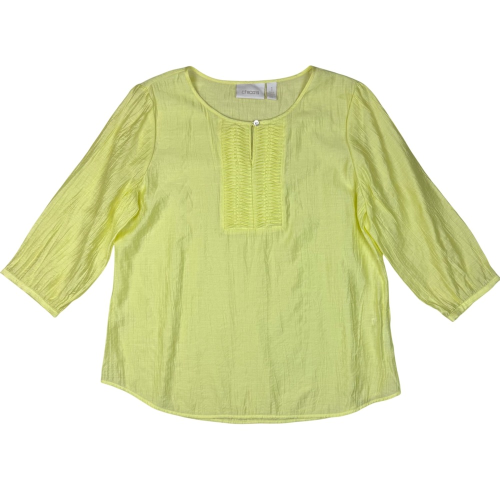 Chico's Blouse Popover Women 1 M Lemon Yellow Crinkle 3/4 Sleeve Pleated Coastal